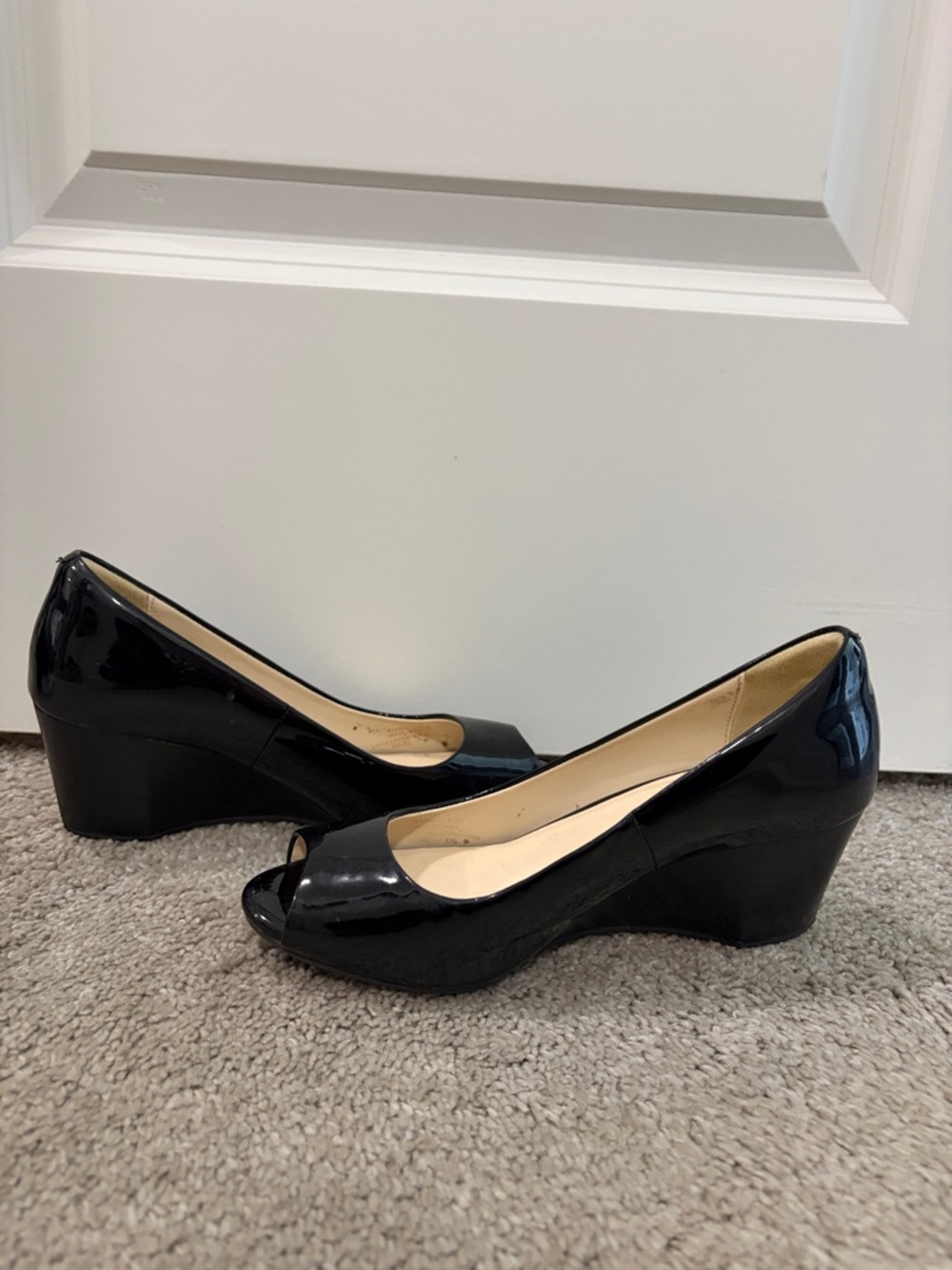 Cole Haan Black Patent Peep-Toe Wedge Pumps - Women